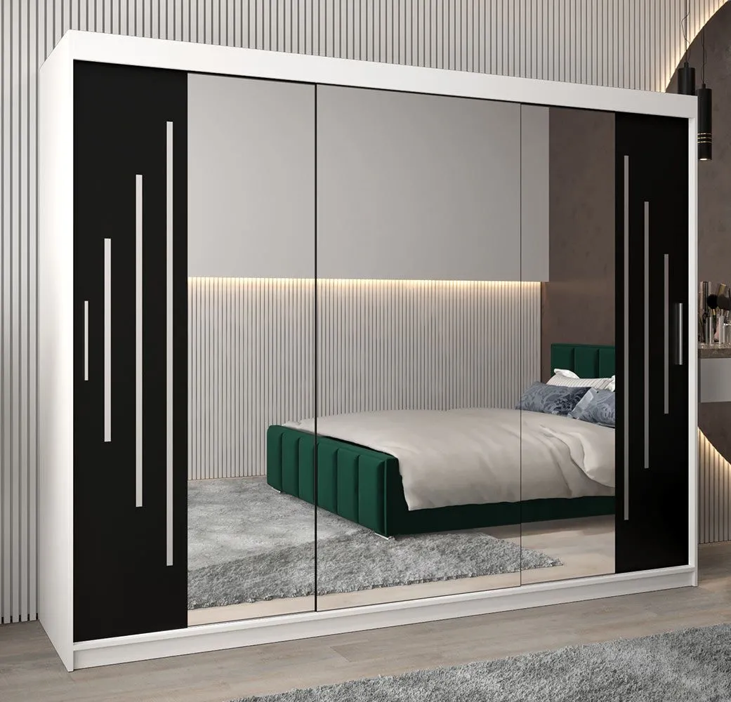 Schiebetürenschrank / Kleiderschrank mit Spiegel Tomlis 06B, Farbe: Weiß matt / Schwarz - Abmessungen: 200 x 250 x 62 cm (H x B x T)