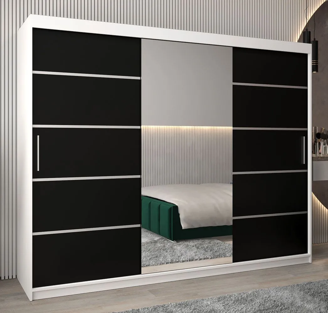 Schiebetürenschrank / Kleiderschrank Jan 06B mit Spiegel, Farbe: Weiß matt / Schwarz - Abmessungen: 200 x 250 x 62 cm ( H x B x T)