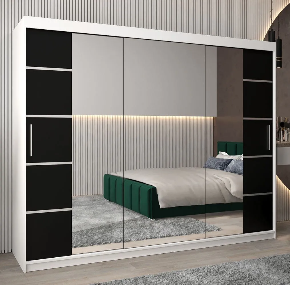 Schiebetürenschrank / Kleiderschrank Jan 06D mit Spiegel, Farbe: Weiß matt / Schwarz - Abmessungen: 200 x 250 x 62 cm (H x B x T)