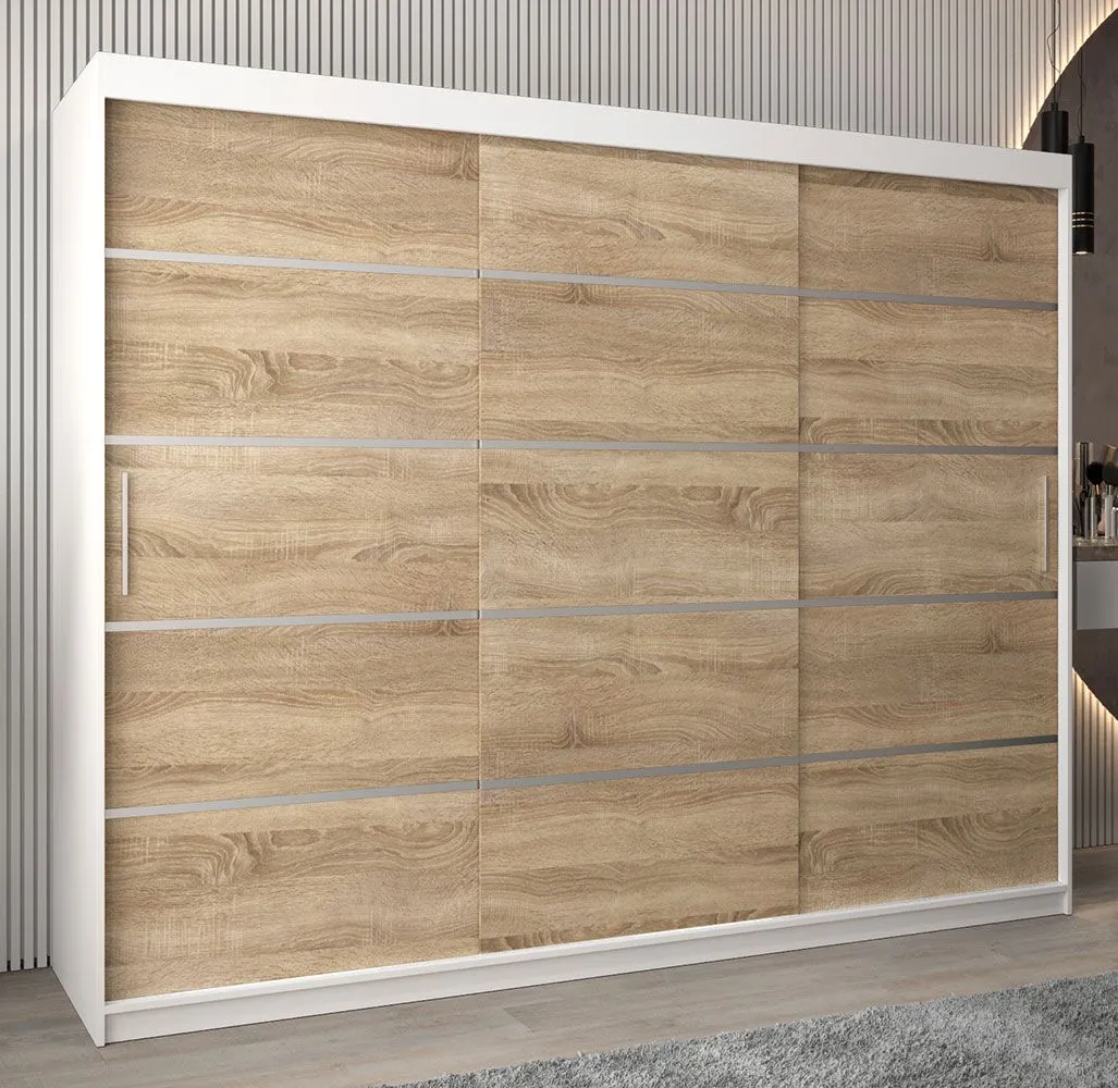 Schiebetürenschrank / Kleiderschrank Jan 06A, Farbe: Weiß matt / Eiche Sonoma - Abmessungen: 200 x 250 x 62 cm ( H x B x T)