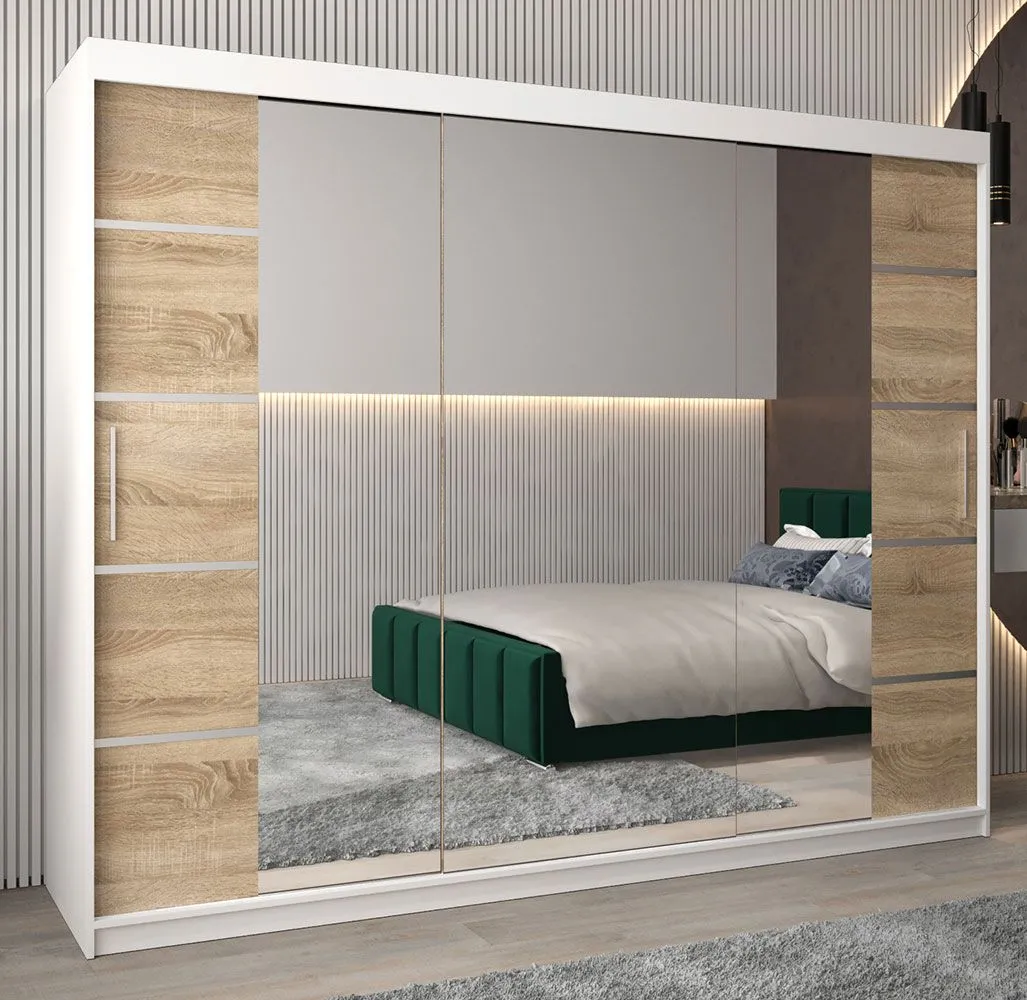 Schiebetürenschrank / Kleiderschrank Jan 06D mit Spiegel, Farbe: Weiß matt / Eiche Sonoma - Abmessungen: 200 x 250 x 62 cm (H x B x T)