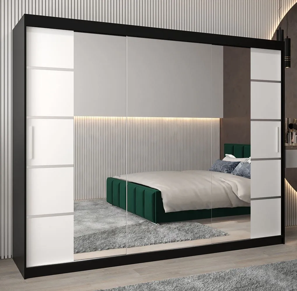 Schiebetürenschrank / Kleiderschrank Jan 06D mit Spiegel, Farbe: Schwarz / Weiß matt - Abmessungen: 200 x 250 x 62 cm (H x B x T)