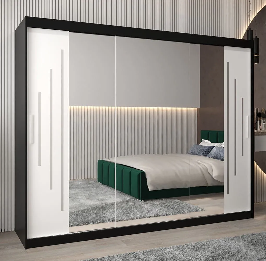 Schiebetürenschrank / Kleiderschrank mit Spiegel Tomlis 06B, Farbe: Schwarz / Weiß matt - Abmessungen: 200 x 250 x 62 cm (H x B x T)