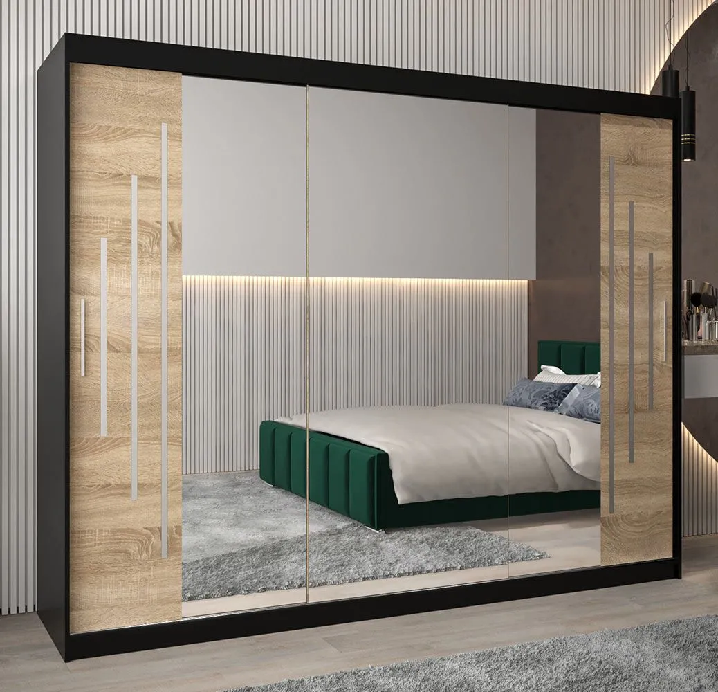Schiebetürenschrank / Kleiderschrank mit Spiegel Tomlis 06B, Farbe: Schwarz / Eiche Sonoma - Abmessungen: 200 x 250 x 62 cm (H x B x T)