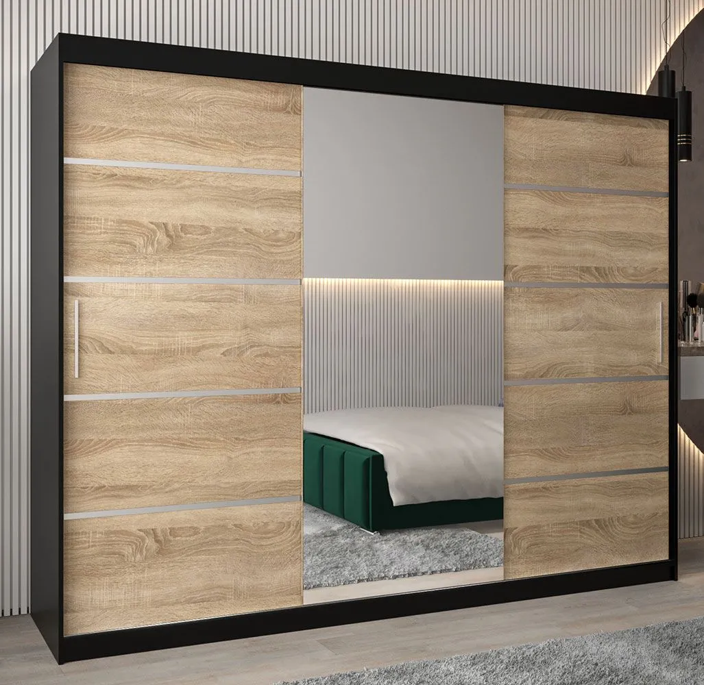 Schiebetürenschrank / Kleiderschrank Jan 06B mit Spiegel, Farbe: Schwarz / Eiche Sonoma - Abmessungen: 200 x 250 x 62 cm ( H x B x T)