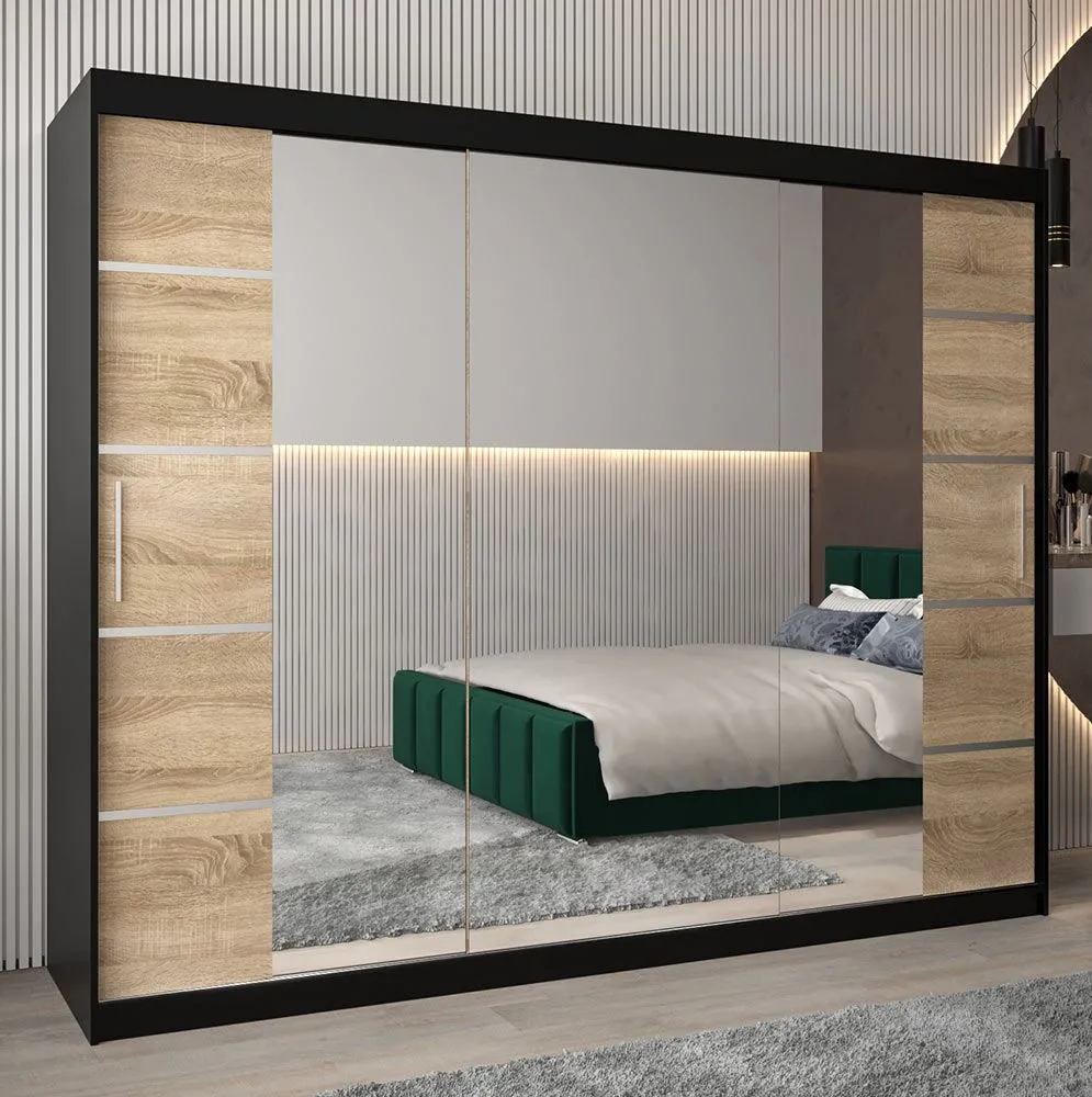 Schiebetürenschrank / Kleiderschrank Jan 06D mit Spiegel, Farbe: Schwarz / Eiche Sonoma - Abmessungen: 200 x 250 x 62 cm (H x B x T)