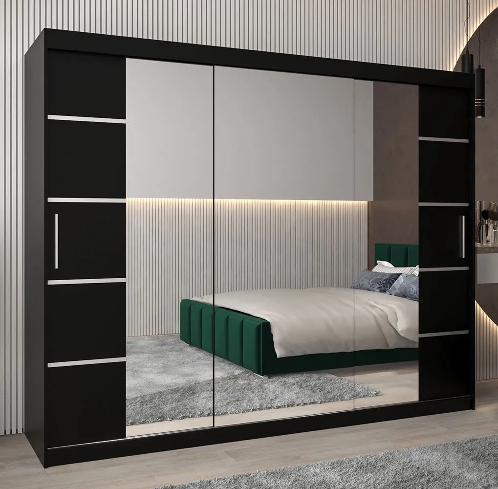Schiebetürenschrank / Kleiderschrank Jan 06D mit Spiegel, Farbe: Schwarz - Abmessungen: 200 x 250 x 62 cm (H x B x T)