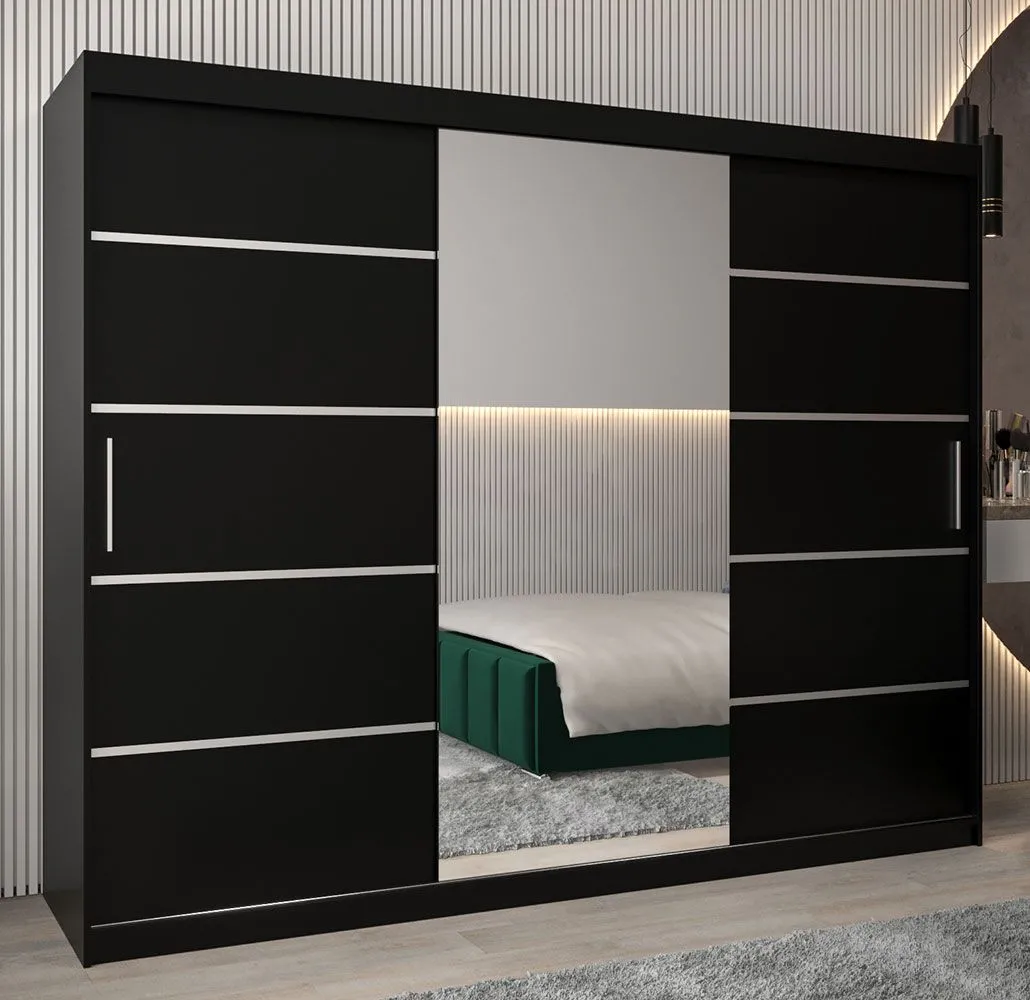 Schiebetürenschrank / Kleiderschrank Jan 06B mit Spiegel, Farbe: Schwarz - Abmessungen: 200 x 250 x 62 cm ( H x B x T)