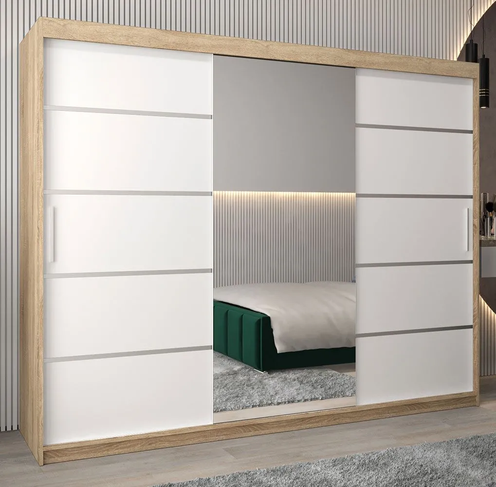 Schiebetürenschrank / Kleiderschrank Jan 06B mit Spiegel, Farbe: Eiche Sonoma / Weiß matt - Abmessungen: 200 x 250 x 62 cm ( H x B x T)