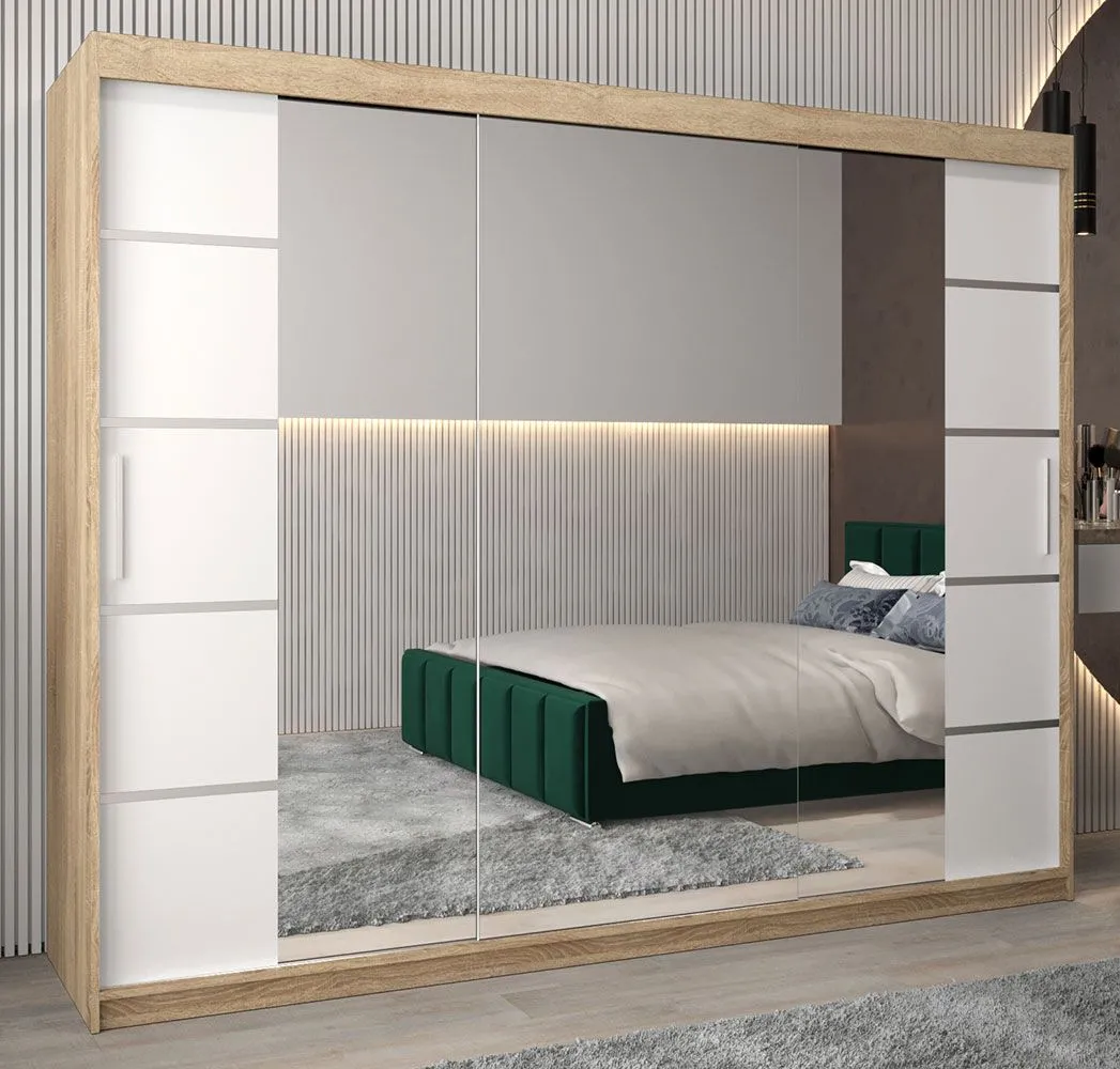 Schiebetürenschrank / Kleiderschrank Jan 06D mit Spiegel, Farbe: Eiche Sonoma / Weiß matt - Abmessungen: 200 x 250 x 62 cm (H x B x T)