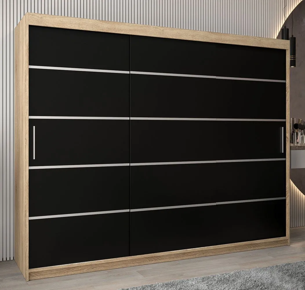 Schiebetürenschrank / Kleiderschrank Jan 06A, Farbe: Eiche Sonoma / Schwarz - Abmessungen: 200 x 250 x 62 cm ( H x B x T)
