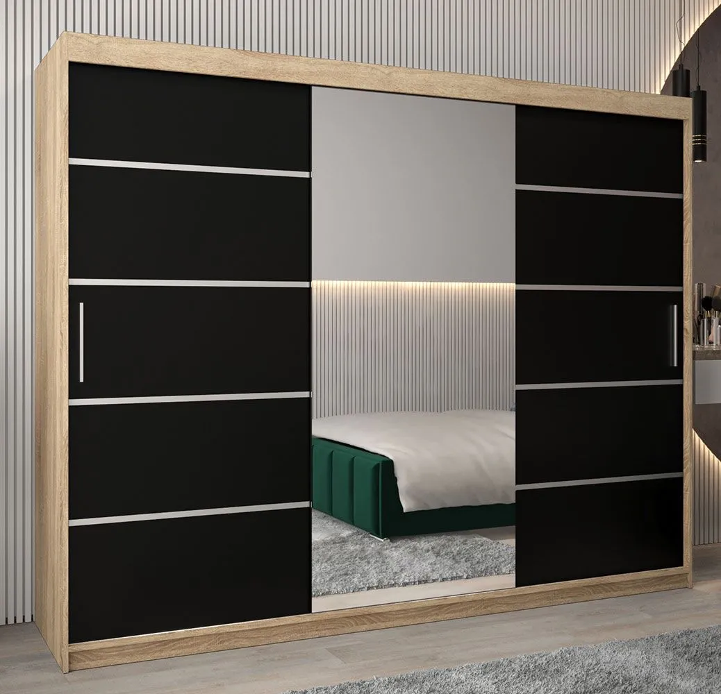 Schiebetürenschrank / Kleiderschrank Jan 06B mit Spiegel, Farbe: Eiche Sonoma / Schwarz - Abmessungen: 200 x 250 x 62 cm ( H x B x T)