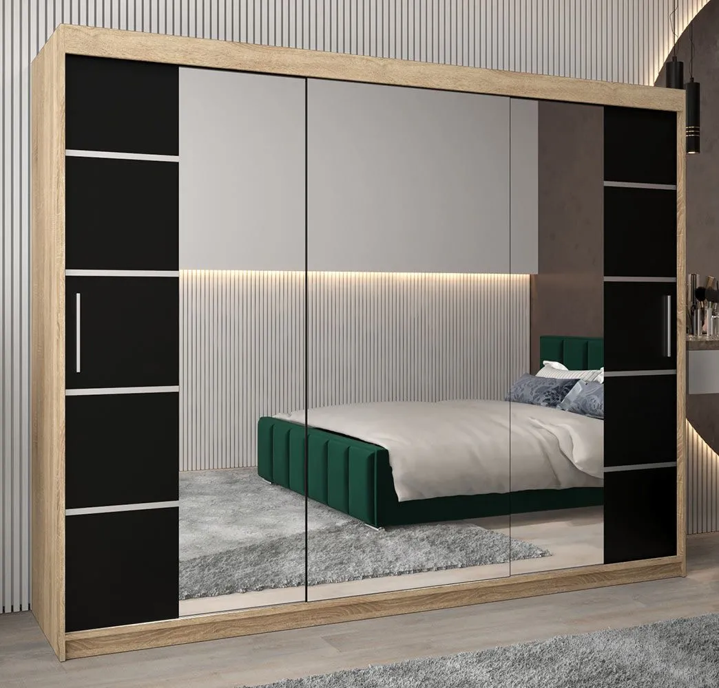 Schiebetürenschrank / Kleiderschrank Jan 06D mit Spiegel, Farbe: Eiche Sonoma / Schwarz - Abmessungen: 200 x 250 x 62 cm (H x B x T)