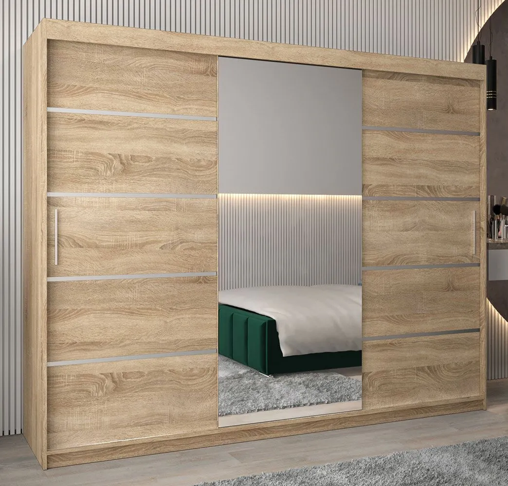 Schiebetürenschrank / Kleiderschrank Jan 06B mit Spiegel, Farbe: Eiche Sonoma - Abmessungen: 200 x 250 x 62 cm ( H x B x T)