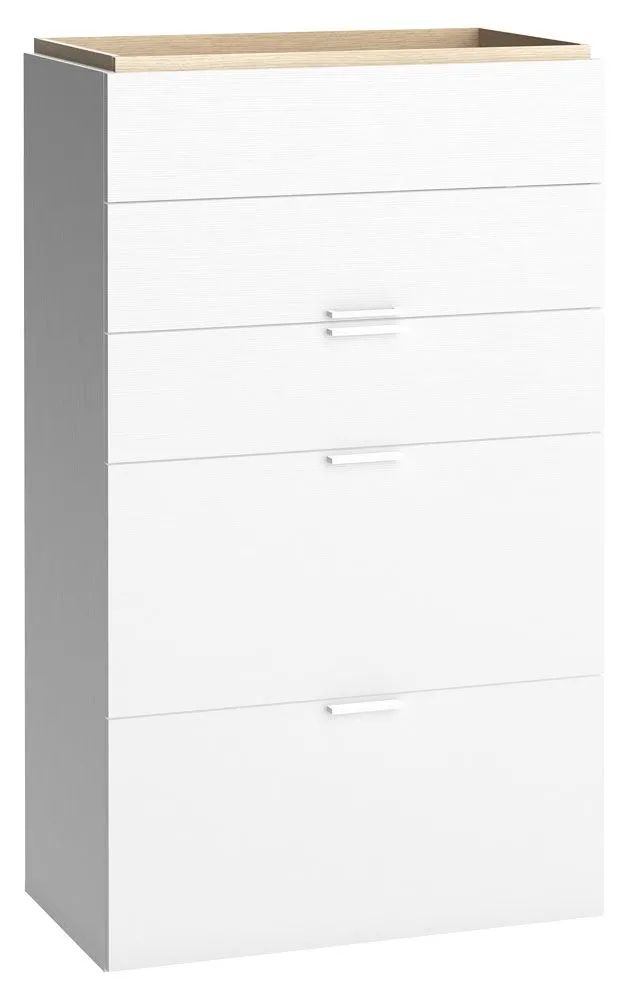 Hohe Kommode mit viel Stauraum Minnea 23, sehr gute Stabilität, Weiß / Eiche, Maße: 127 x 75 x 42 cm, fünf Schubladen, modernes Design