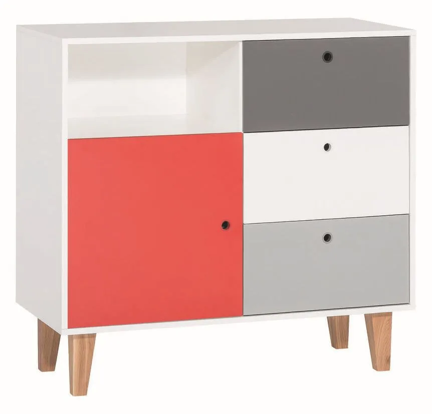 Jugendzimmer - Kommode Syrina 08, Farbe: Weiß / Grau / Rot - Abmessungen: 96 x 103 x 45 cm (H x B x T)