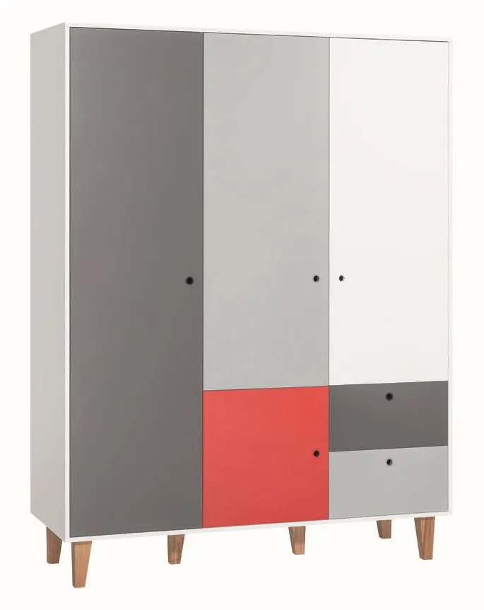 Jugendzimmer - Drehtürenschrank / Kleiderschrank Syrina 05, Farbe: Weiß / Grau / Rot - Abmessungen: 202 x 153 x 55 cm (H x B x T)
