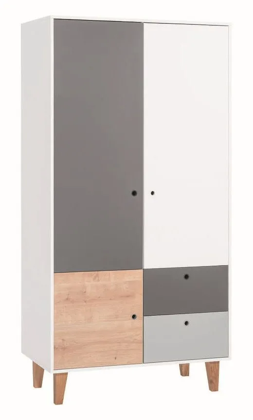 Jugendzimmer - Drehtürenschrank / Kleiderschrank Syrina 04, Farbe: Weiß / Grau / Eiche - Abmessungen: 202 x 104 x 55 cm (H x B x T)