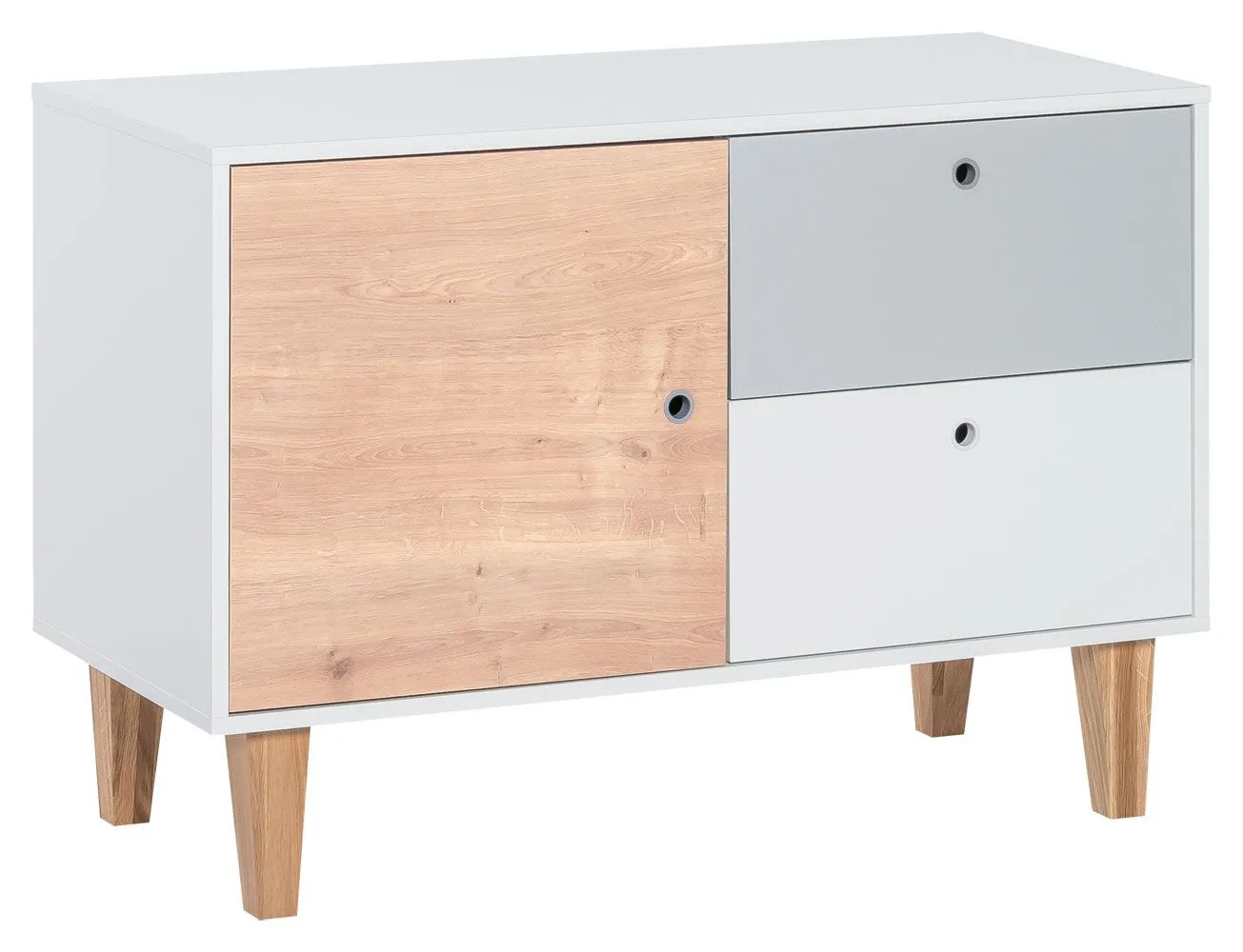 Jugendzimmer - Kommode Syrina 16, Farbe: Weiß / Grau / Eiche - Abmessungen: 72 x 103 x 45 cm (H x B x T)