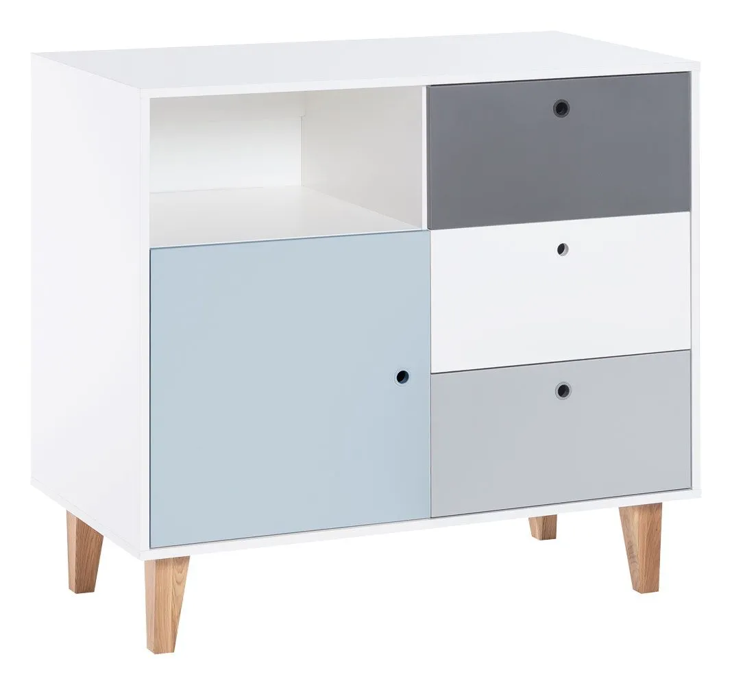 Jugendzimmer - Kommode Syrina 03, Farbe: Weiß / Grau / Blau - Abmessungen: 97 x 104 x 55 cm (H x B x T)
