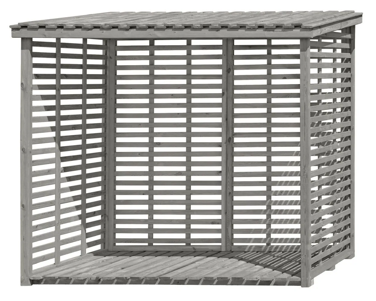 Kaminholzunterstand 02 mit Rückwand, Farbe: Grau - aus Kiefernholz - Abmessungen: 237 x 114 x 203 cm (L x B x H)