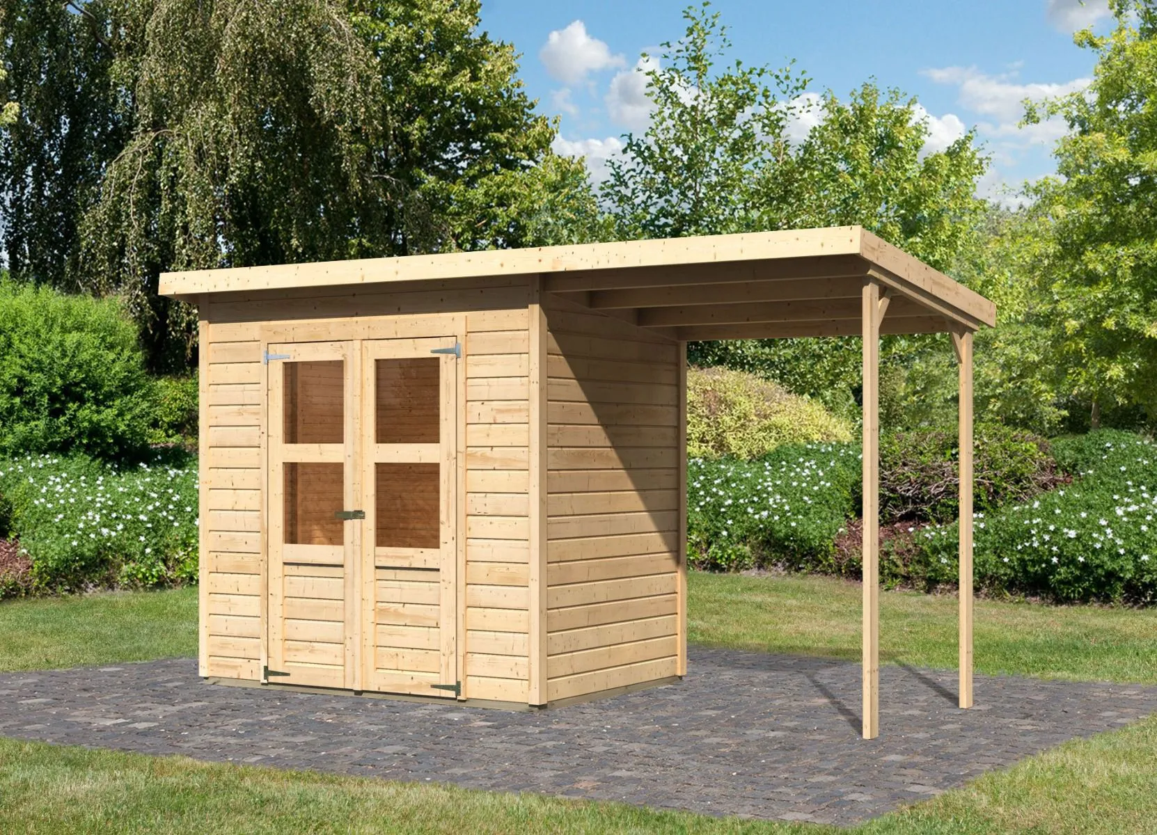 Gartenhaus SET mit Anbaudach, Farbe: Natur, Grundfläche: 3,3 m²