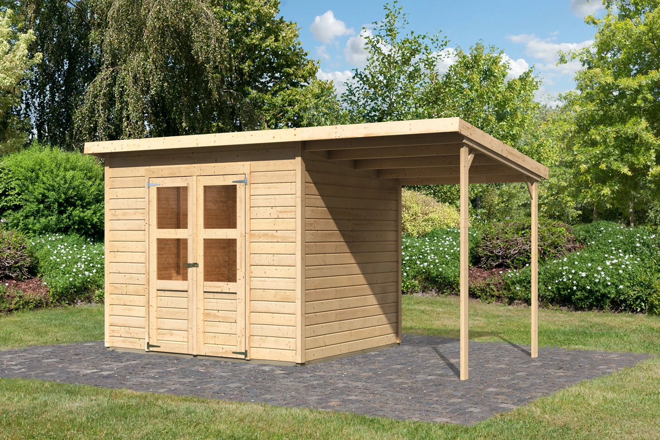 Modernes Gartenhaus SET mit Anbaudach, Farbe: Natur, Grundfläche: 5,02 m²