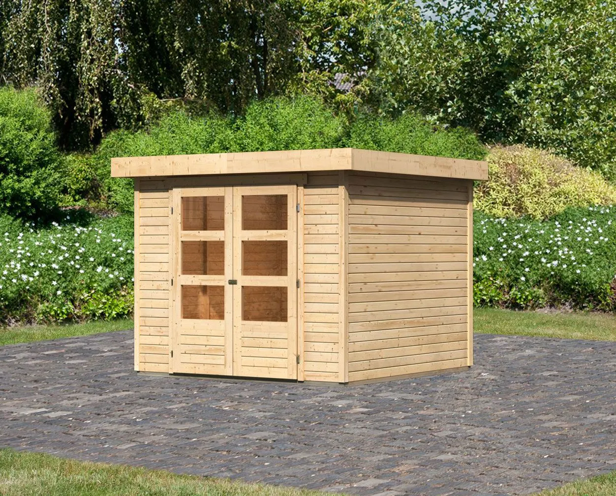 Kleines Flachdach Gartenhaus mit Doppelflügeltür, Farbe:  Natur, Grundfläche: 5,76 m²