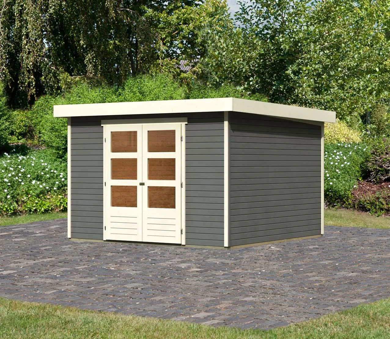 Modernes Gartenhaus mit Flachdach ohne Dachpappe, Farbe: Terragrau, Grundfläche: 9 m²