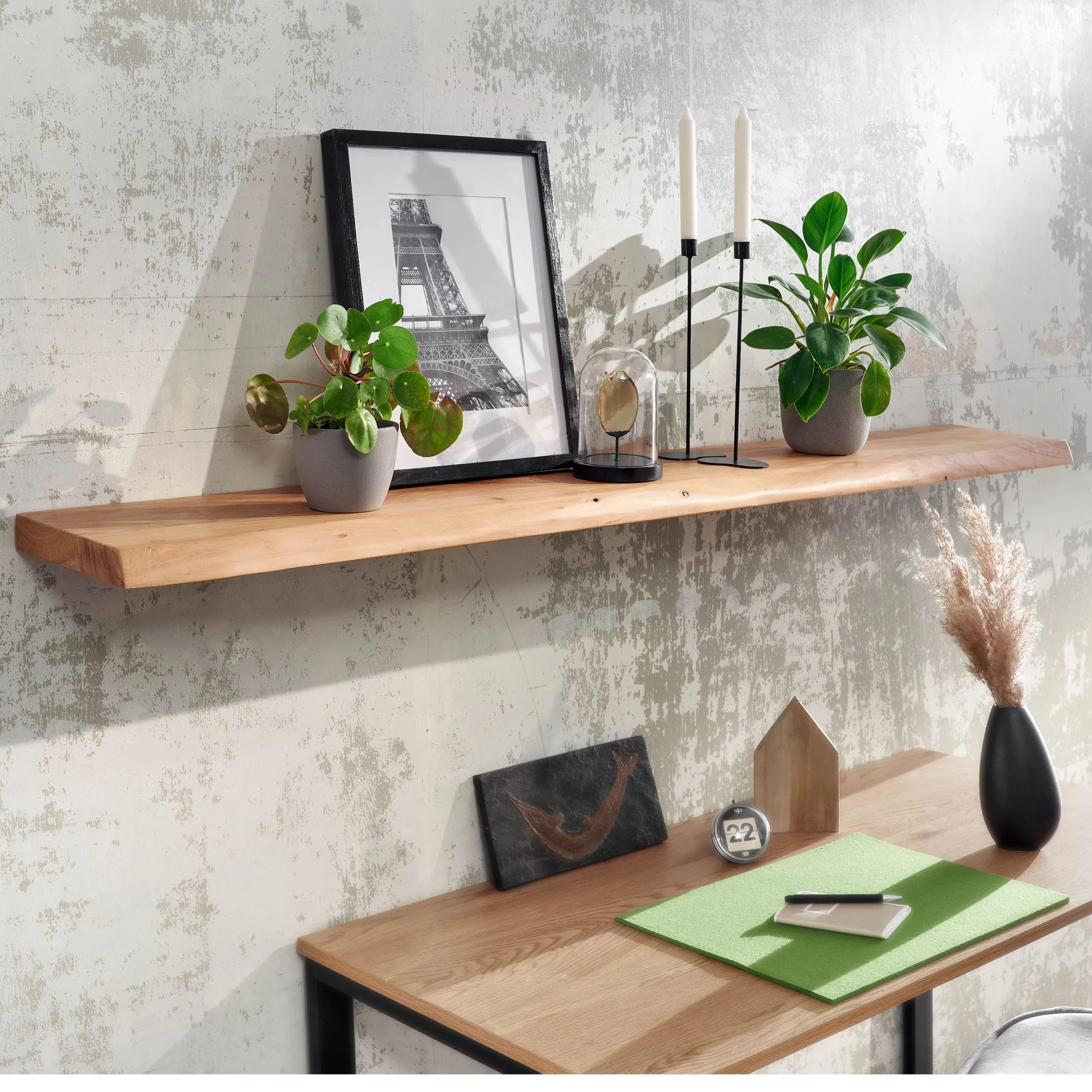 Wandregal aus Akazie Massivholz, Farbe: Akazie - Abmessungen: 4 x 160 x 26 cm (H x B x T) mit Baumkante