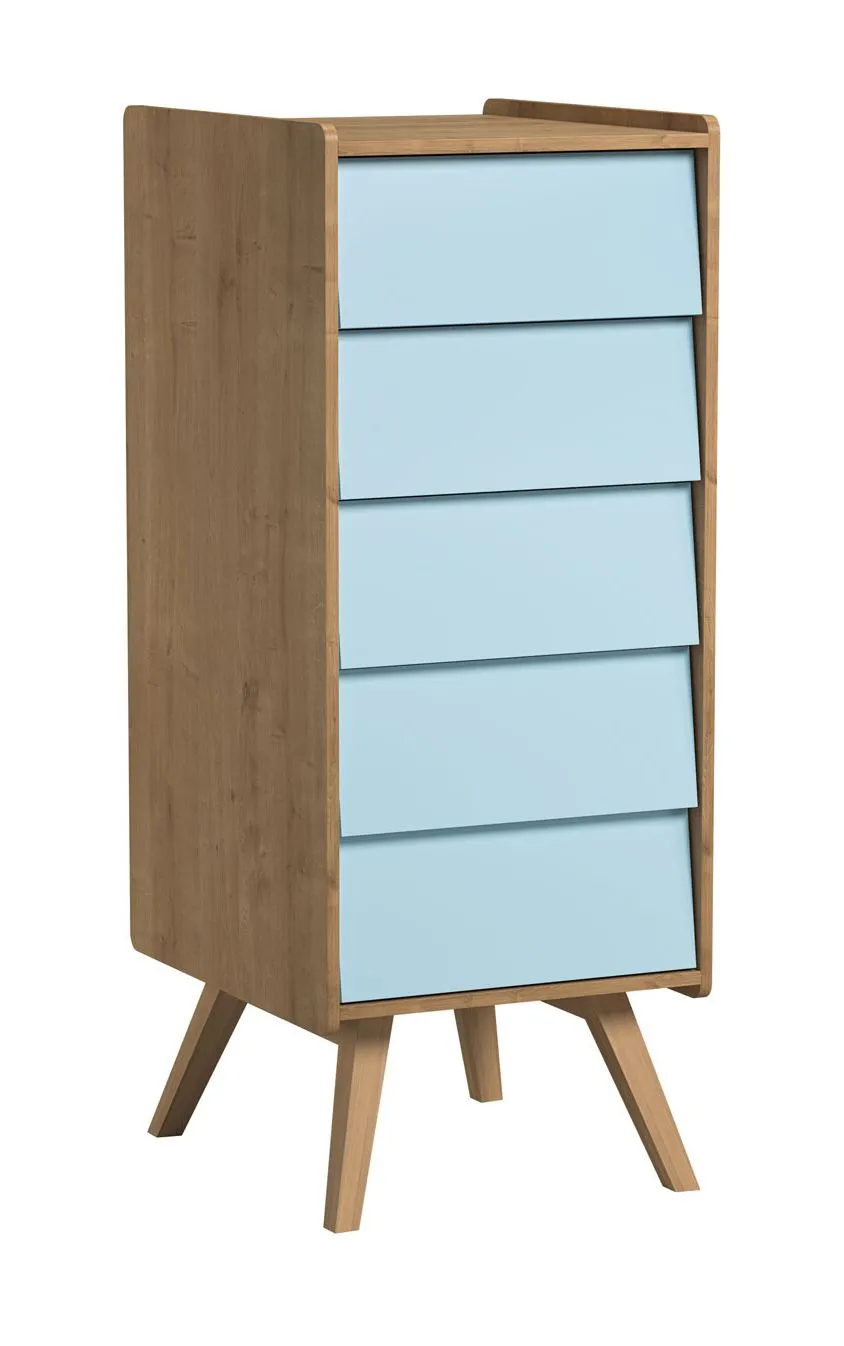 Kommode mit Push-to-open Funktion Aleksander 06, Farbe: Eiche / Blau, Maße: 128 x 50 x 40 cm, für Kinderzimmer, sehr Langlebig