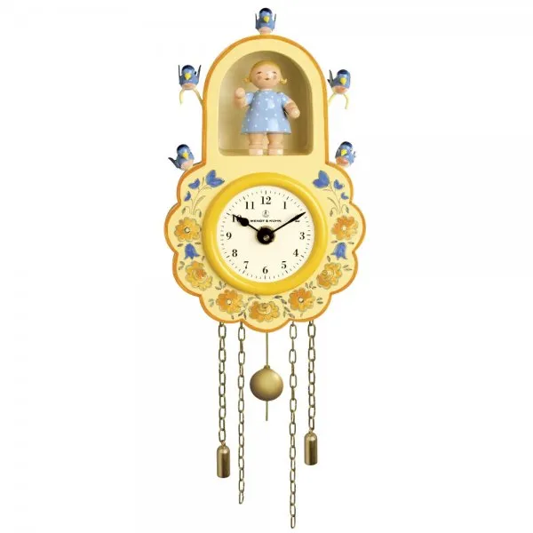 Wendt & Kühn Wanduhr mit Mädchen und Vögeln Gelb