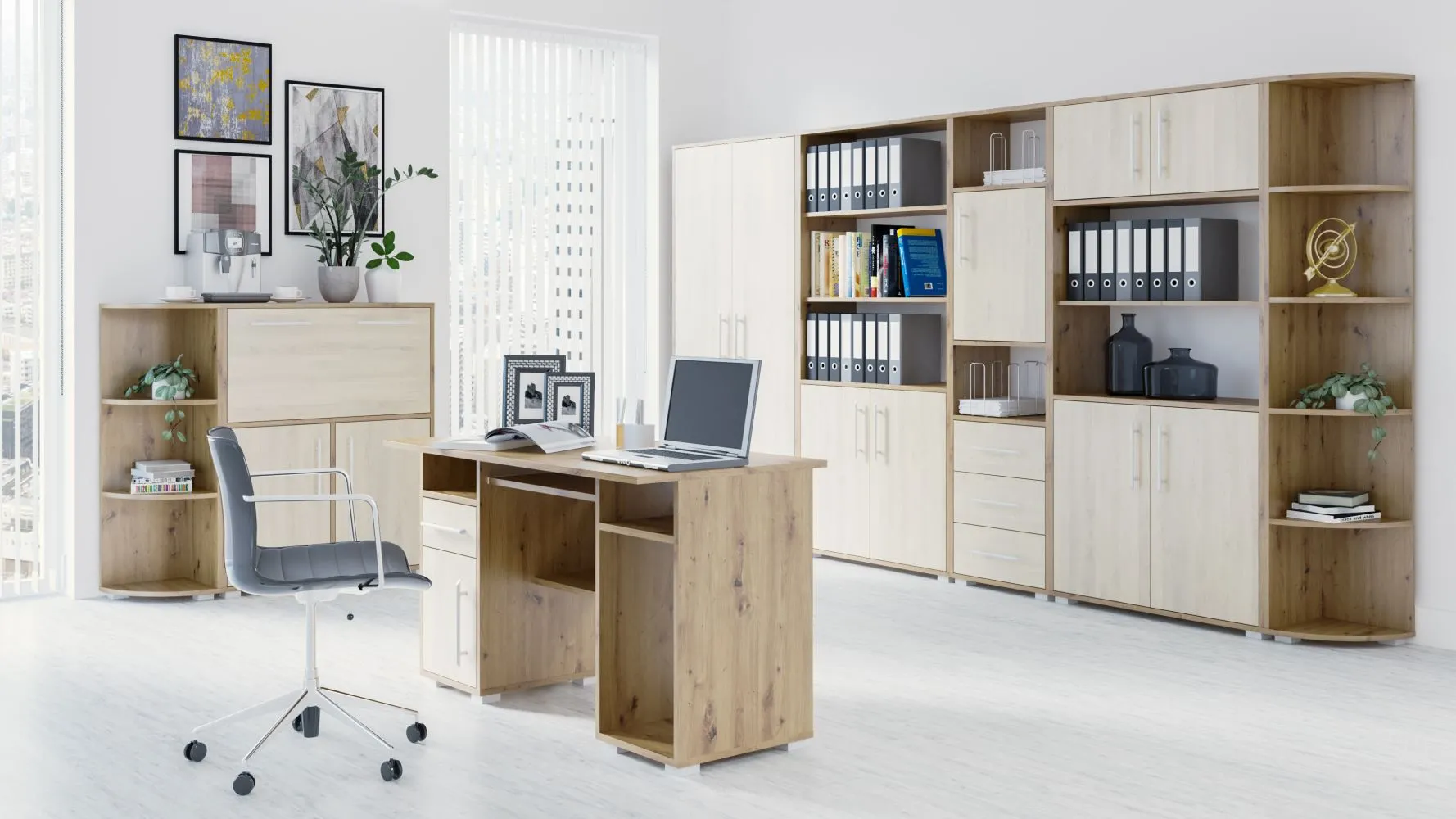 Büro Komplett - Set A Curug, 8-teilig, Farbe: Eiche / Buche hell