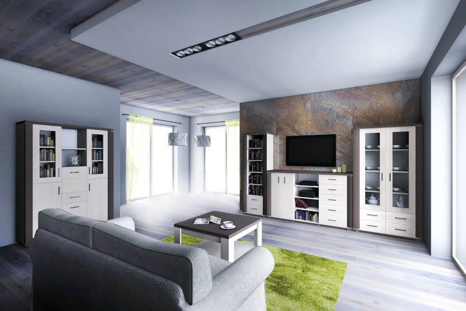 Wohnzimmer Komplett - Set B Aitape, 5-teilig, Farbe: Sonoma Eiche dunkel / Sonoma Eiche hell