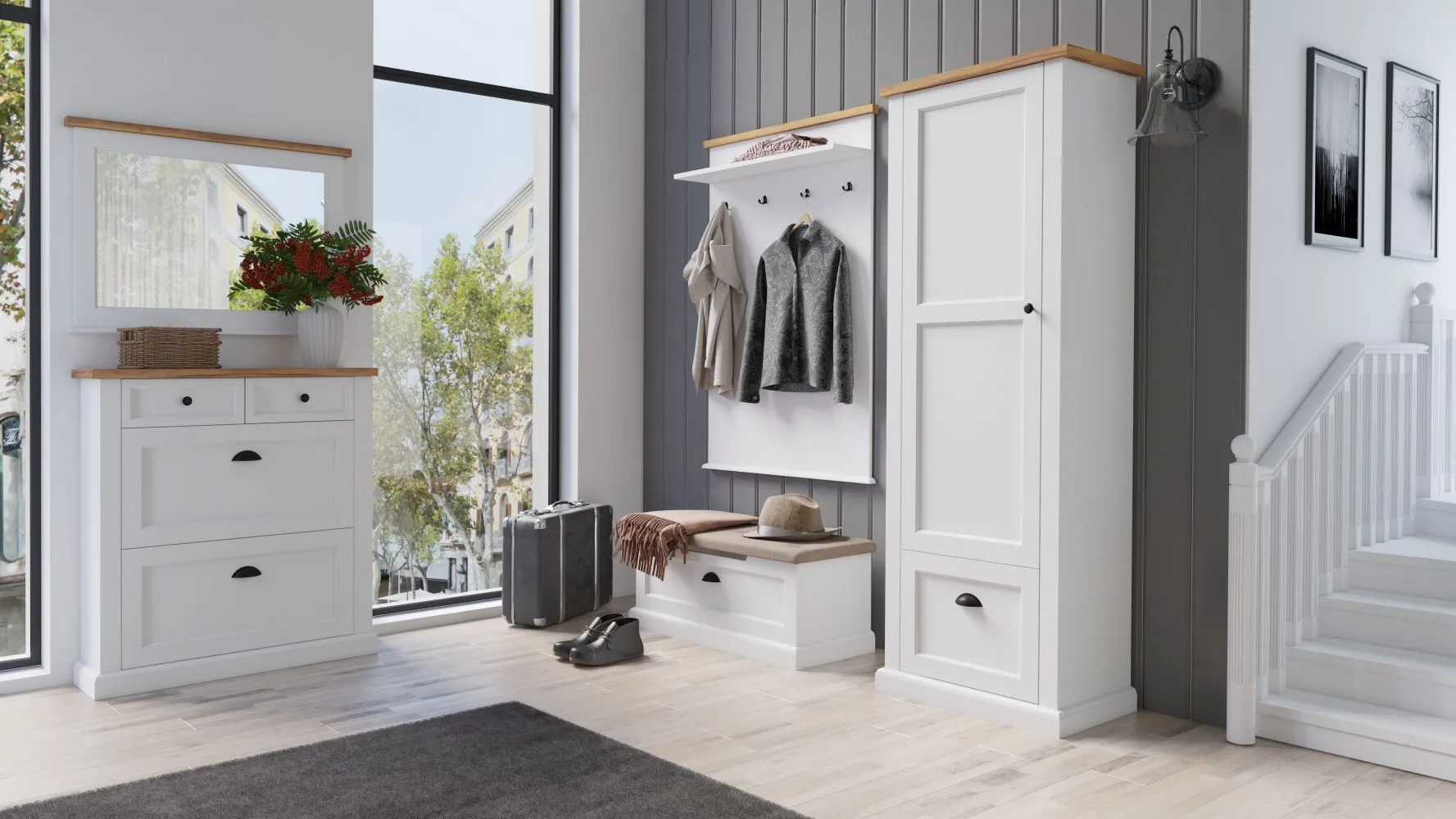 Garderoben Komplett - Set D Veternik, 5-teilig, Farbe: Weiß / Eiche