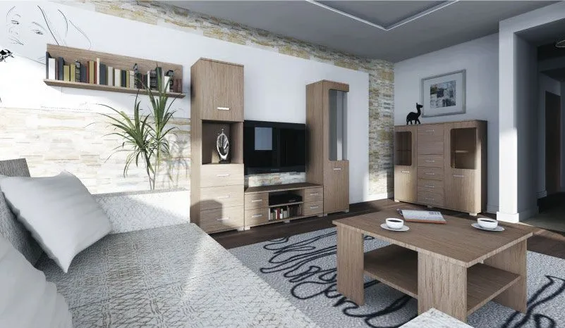 Wohnzimmer Komplett - Set G Kikori, 6-teilig, Farbe: Sonoma Eiche