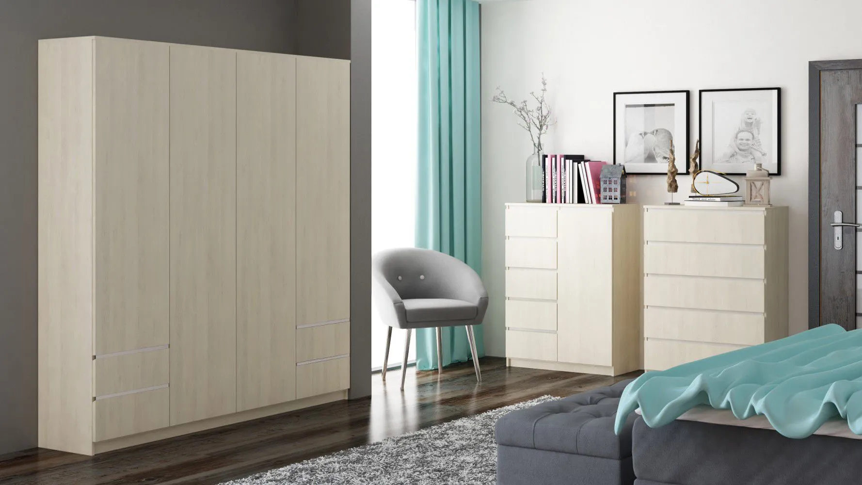 Schlafzimmer - Set B Kiunga, 3-teilig, Farbe: Buche / Weiß