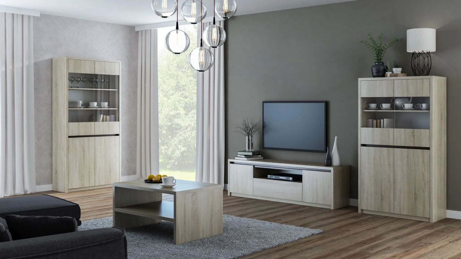 Wohnzimmer Komplett - Set B Popondetta, 4-teilig, Farbe: Sonoma Eiche