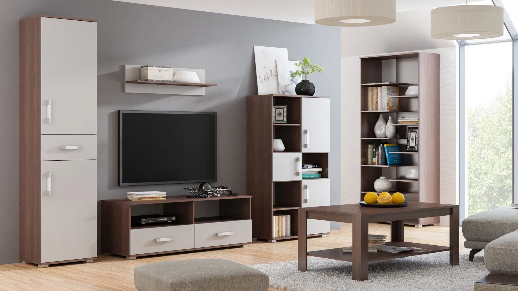 Wohnzimmer Komplett - Set A Tabubil, 6-teilig, Farbe: Wenge / Grau