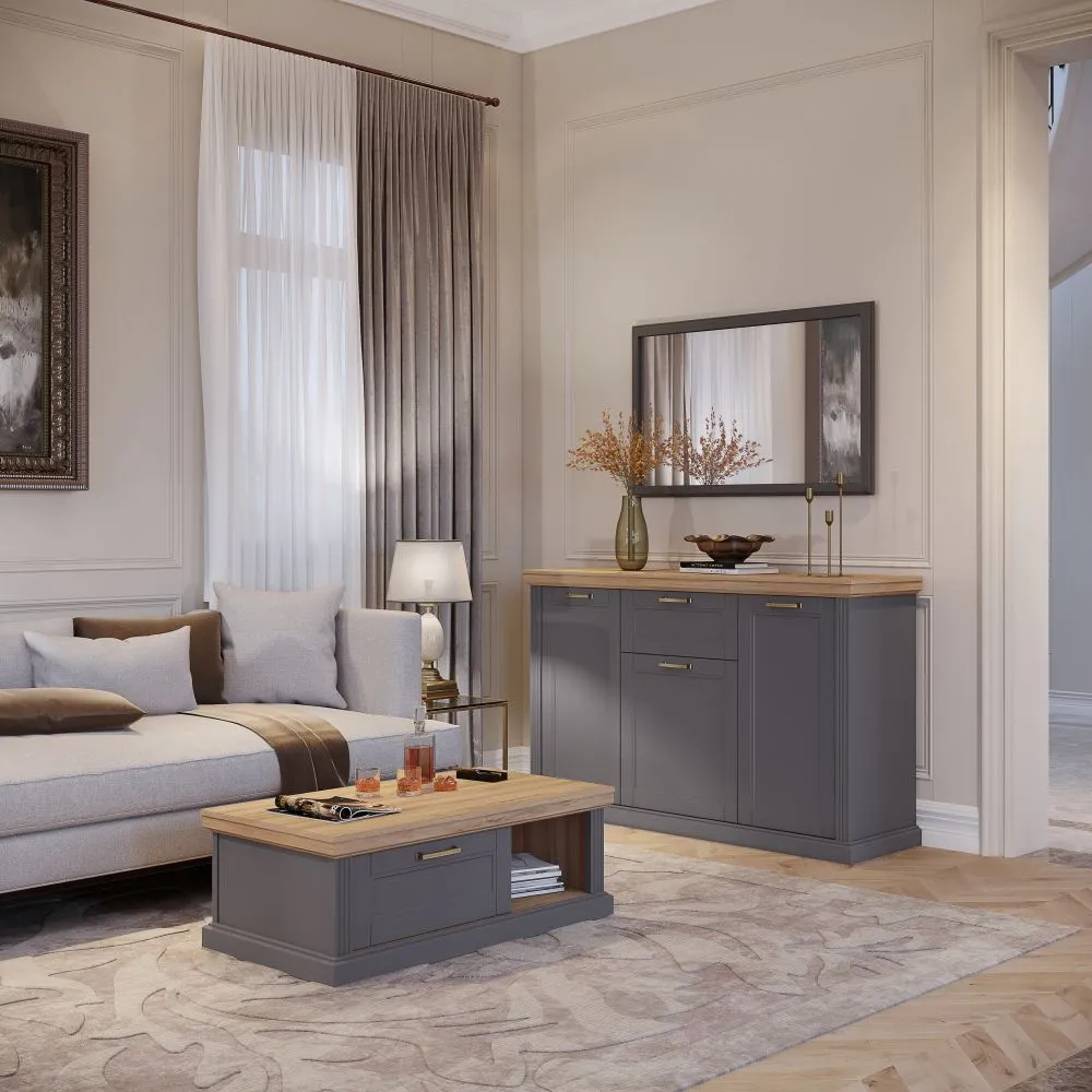 Wohnzimmer - Set D Lotofaga, 3-teilig, Farbe: Grau / Walnuss