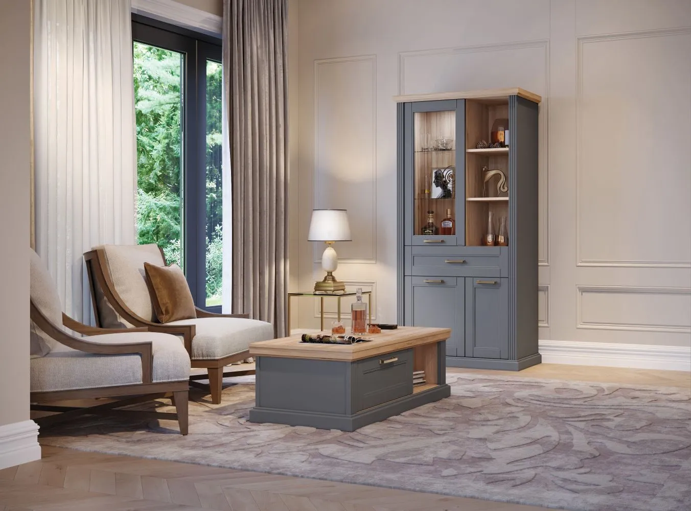 Wohnzimmer - Set E Lotofaga, 2-teilig, Farbe: Grau / Walnuss