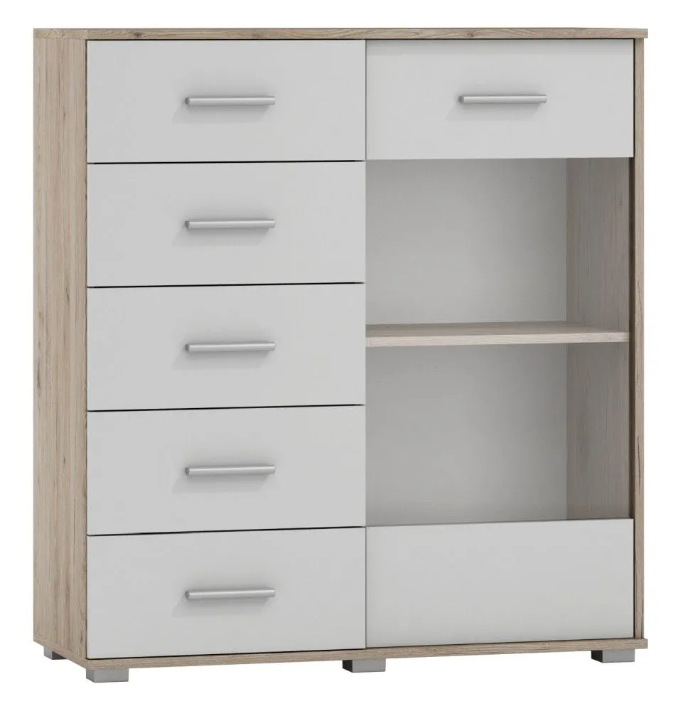 Vitrine Kavieng 05, Farbe: Eiche / Weiß - Abmessungen: 110 x 99 x 40 cm (H x B x T)