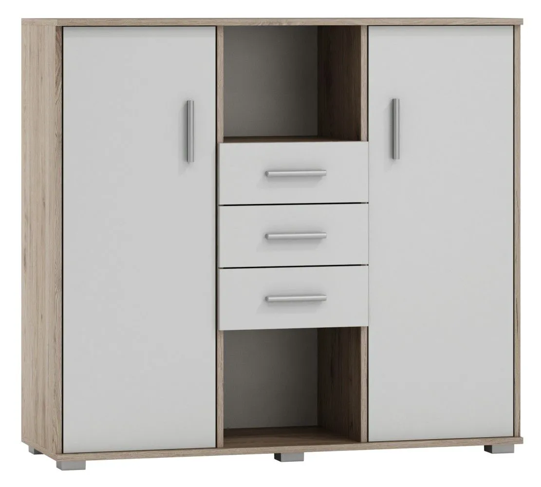 Kommode Kavieng 04, Farbe: Eiche / Weiß - Abmessungen: 110 x 120 x 40 cm (H x B x T)