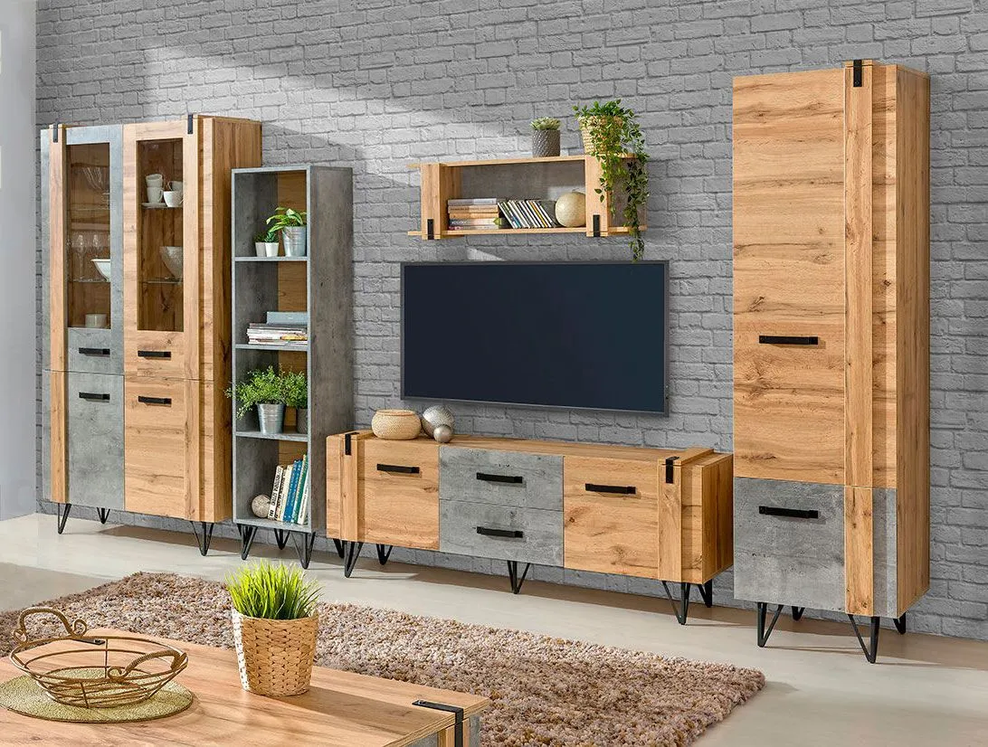 Wohnzimmer Komplett - Set A Atule, 6-teilig, Farbe: Eiche / Grau