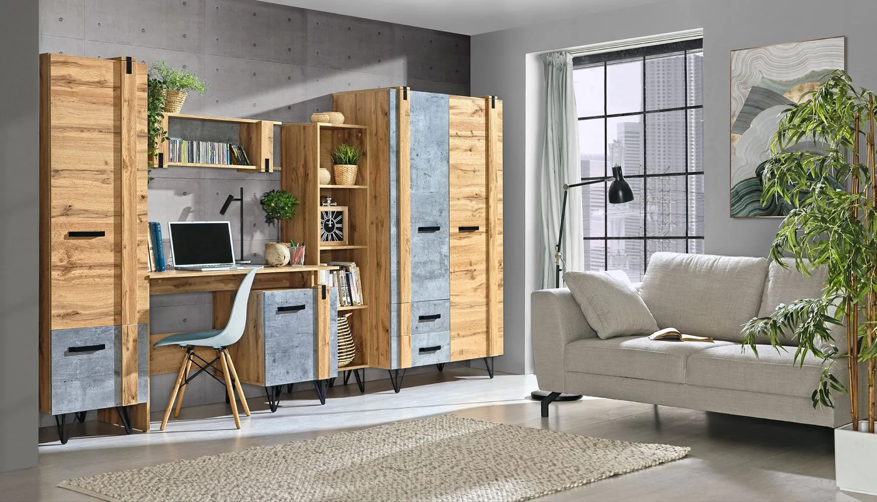 Wohnzimmer Komplett - Set D Atule, 5-teilig, Farbe: Eiche / Grau