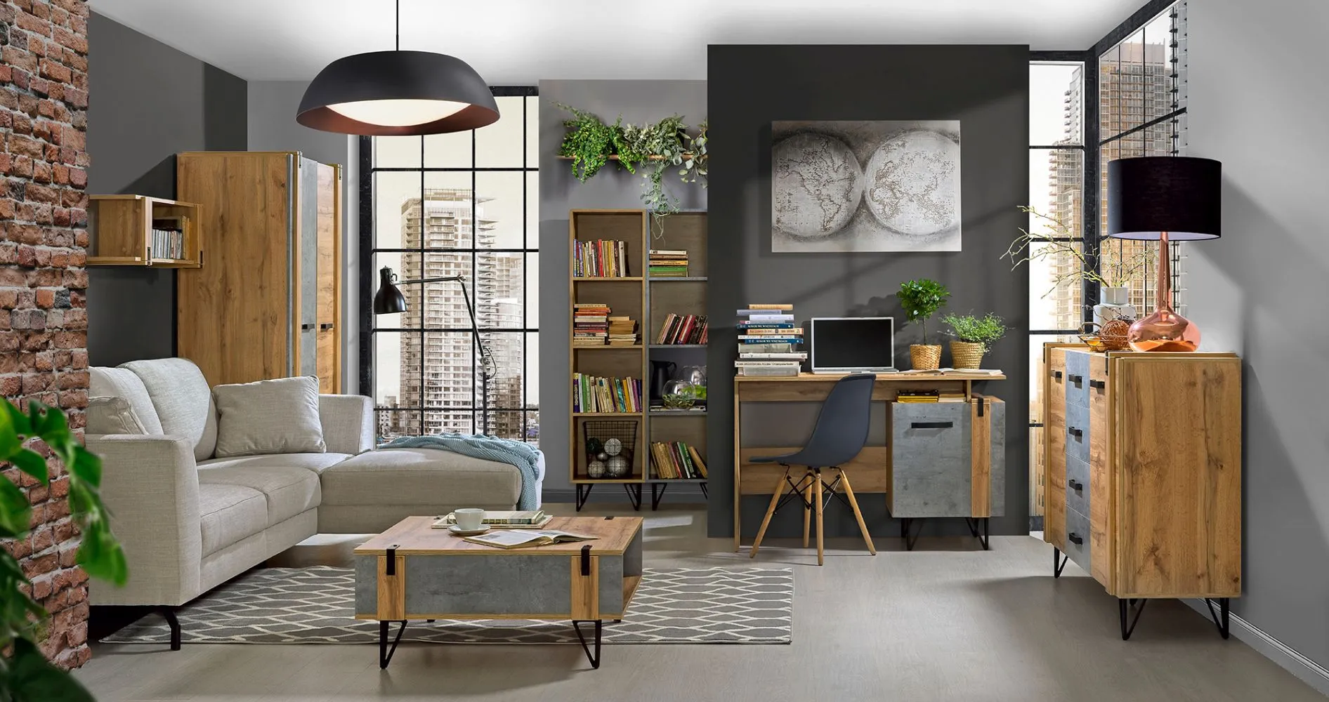 Wohnzimmer Komplett - Set E Atule, 7-teilig, Farbe: Eiche / Grau