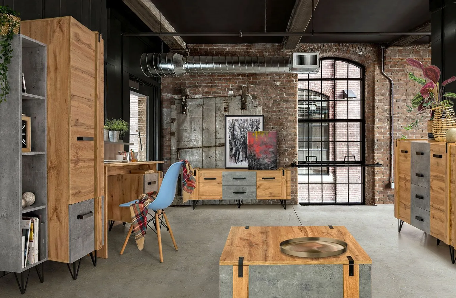 Wohnzimmer Komplett - Set F Atule, 6-teilig, Farbe: Eiche / Grau