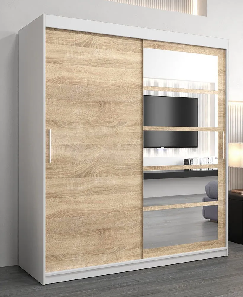 Schiebetürenschrank / Kleiderschrank Aizkorri 04A mit Spiegel, Farbe: Weiß matt / Eiche Sonoma - Abmessungen: 200 x 180 x 62 cm (H x B x T)