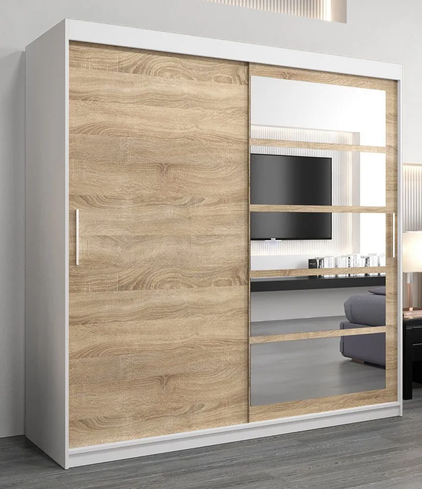 Schiebetürenschrank / Kleiderschrank Aizkorri 05A mit Spiegel, Farbe: Weiß matt / Eiche Sonoma - Abmessungen: 200 x 200 x 62 cm (H x B x T)