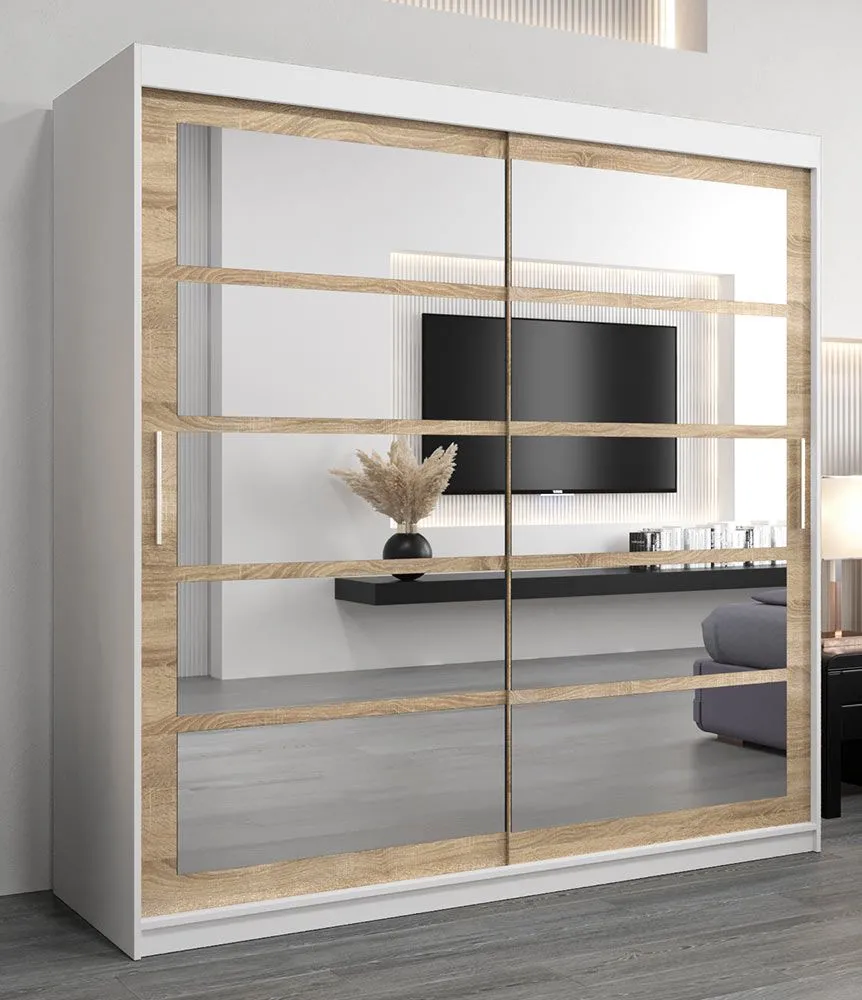 Schiebetürenschrank / Kleiderschrank Aizkorri 05B mit Spiegel, Farbe: Weiß matt / Eiche Sonoma - Abmessungen: 200 x 200 x 62 cm (H x B x T)